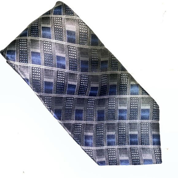 PLATINUM DESIGNS  - 100% SILK NECKTIE - BLUE WITH SILVER AND GRAY ACCENTS - Picture 3 of 3